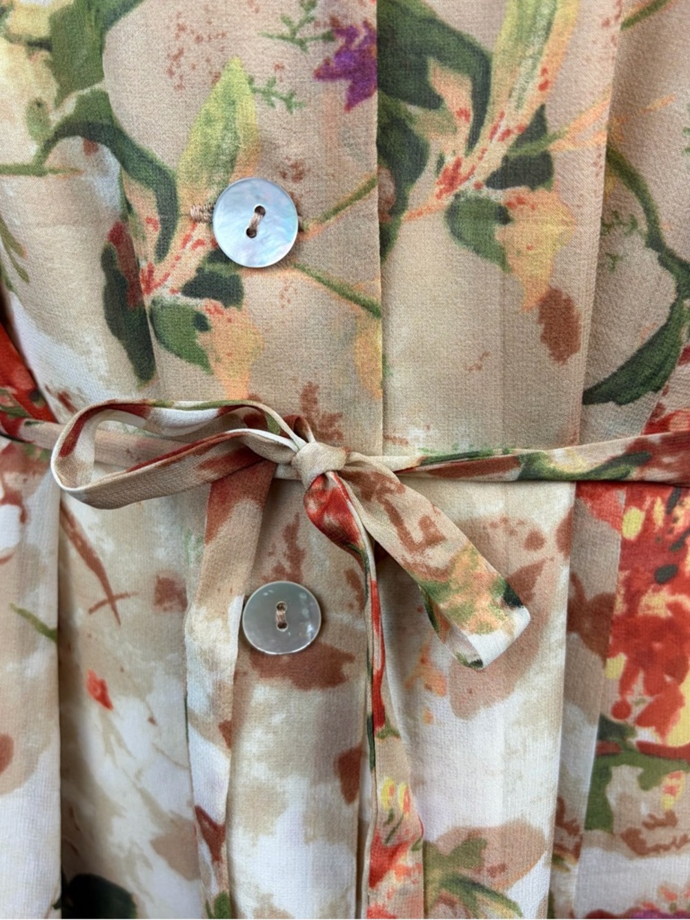 Coldwater Creek Silk 14P Floral Cream Midi Dress with Tie Waist Flaw - Picture 5 of 13